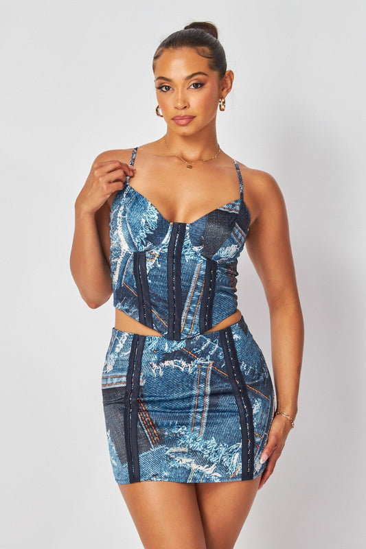 Denim Print Strappy Corset & Skirt Set | Bold Women's Two-Piece Outfit