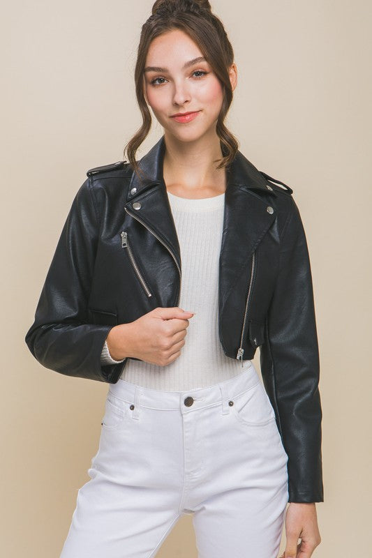PU Faux Leather Moto Crop Jacket | Edgy Women's Outerwear