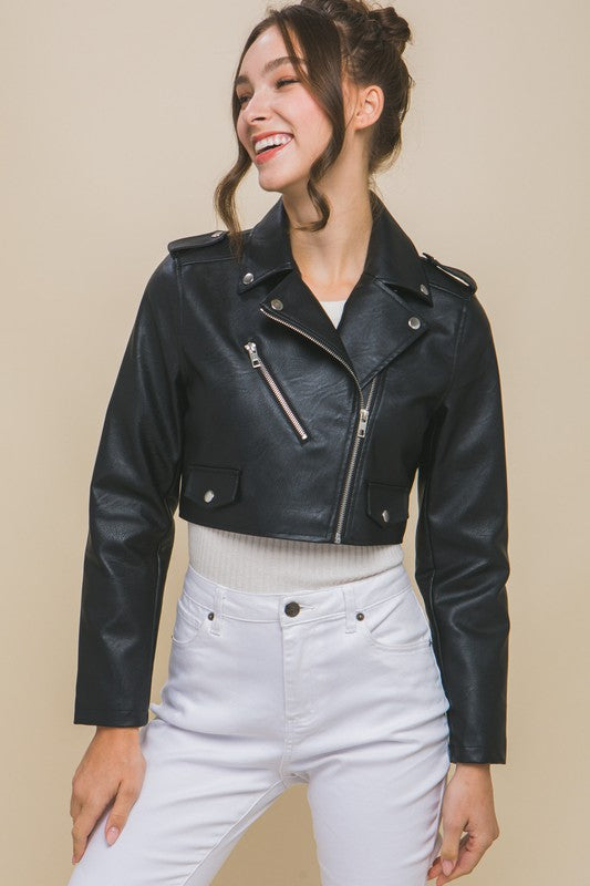 PU Faux Leather Moto Crop Jacket | Edgy Women's Outerwear