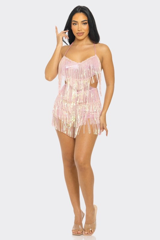 Front view of Sequin Halter Romper, featuring halter neckline and sequins, Model - Small