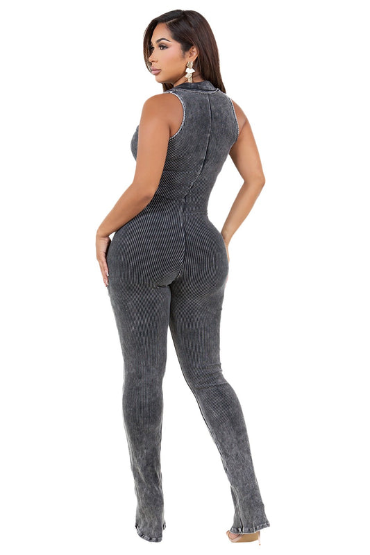 Mineral Wash Ruched & Collared Jumpsuit | Stylish Women's One-Piece