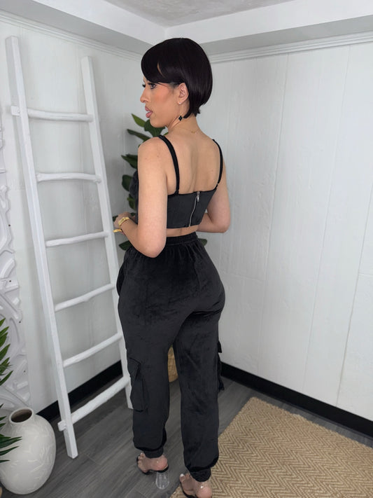 Black Velvet Cargo Set with a sleek corset top and high-rise jogger pants, perfect for stylish events.