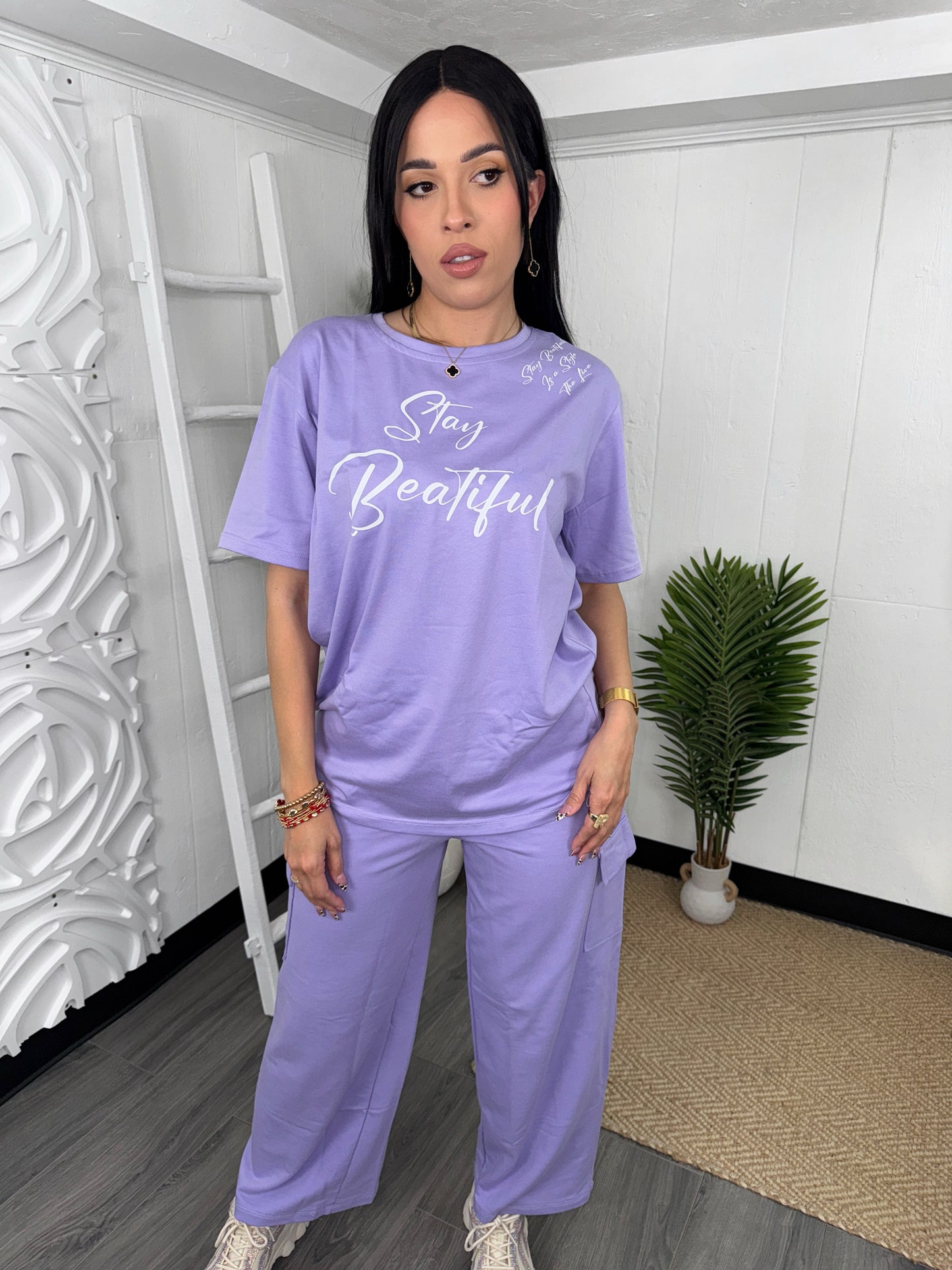 Stay Beautiful Cargo Set with a trendy, relaxed fit and practical design, perfect for streetwear fashion.