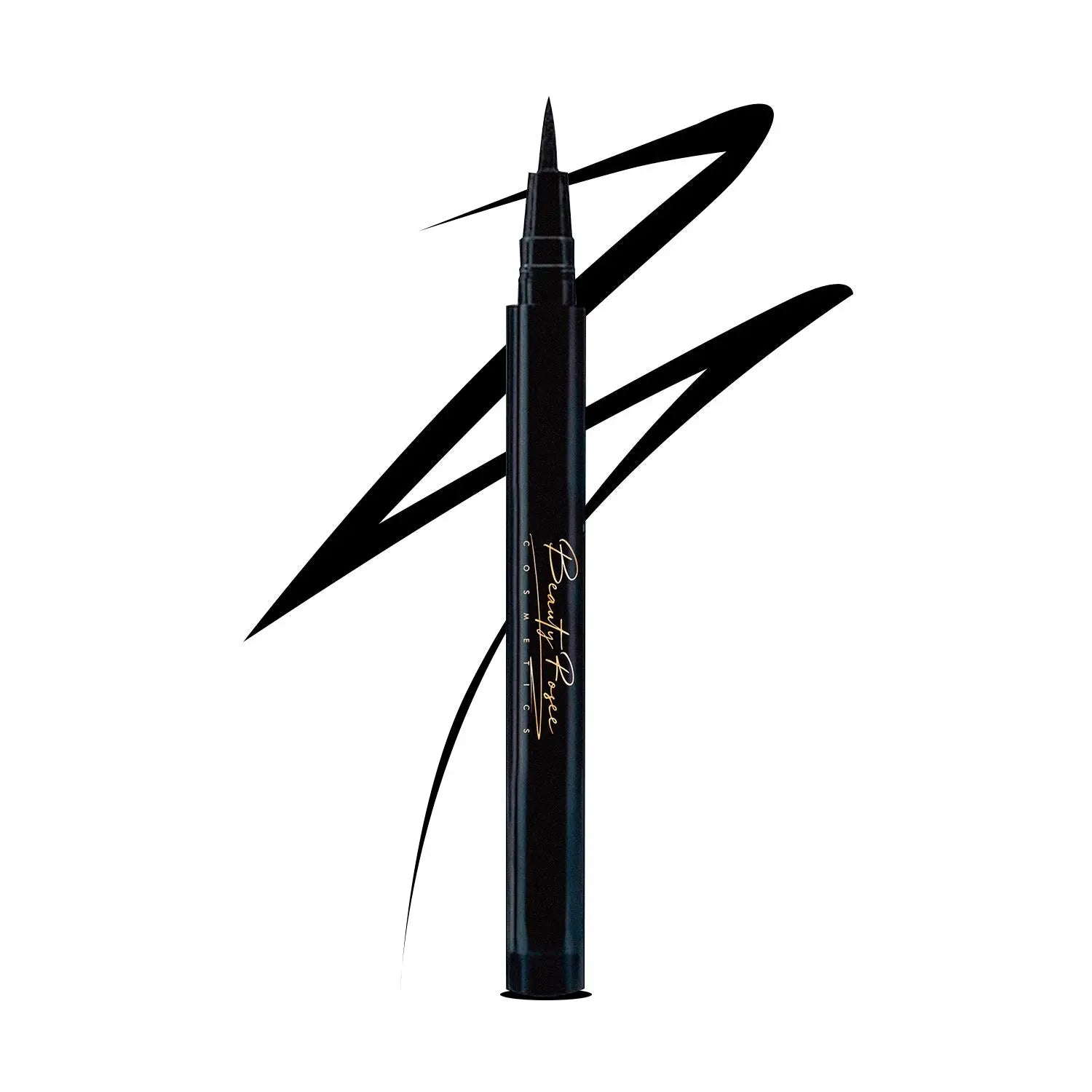 Close-up of black waterproof eyeliner with applicator.
Swatch of bold eyeliner stroke.