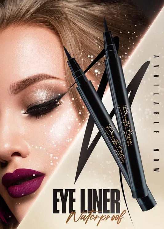 Close-up of black waterproof eyeliner with applicator.
Swatch of bold eyeliner stroke.