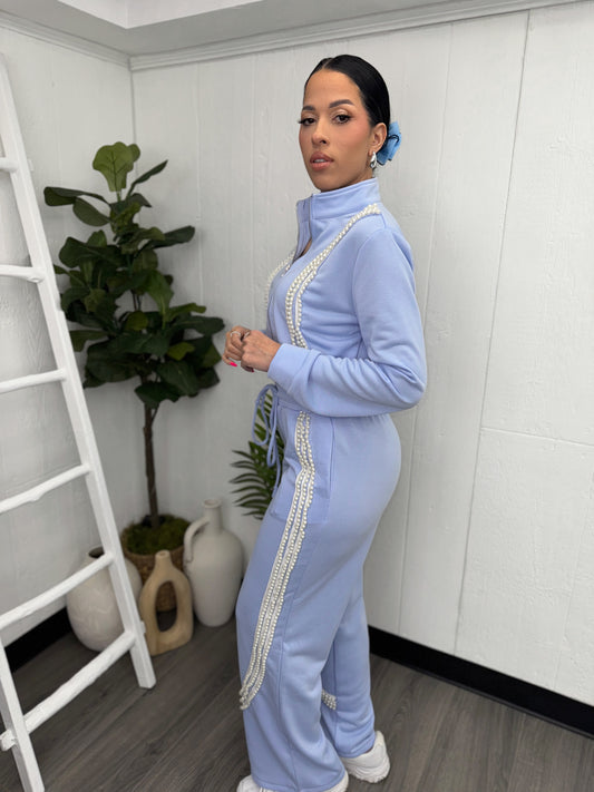 Woman wearing Blue Pearl Fashion Set with elastic waist and pearl details, trendy women's outfit