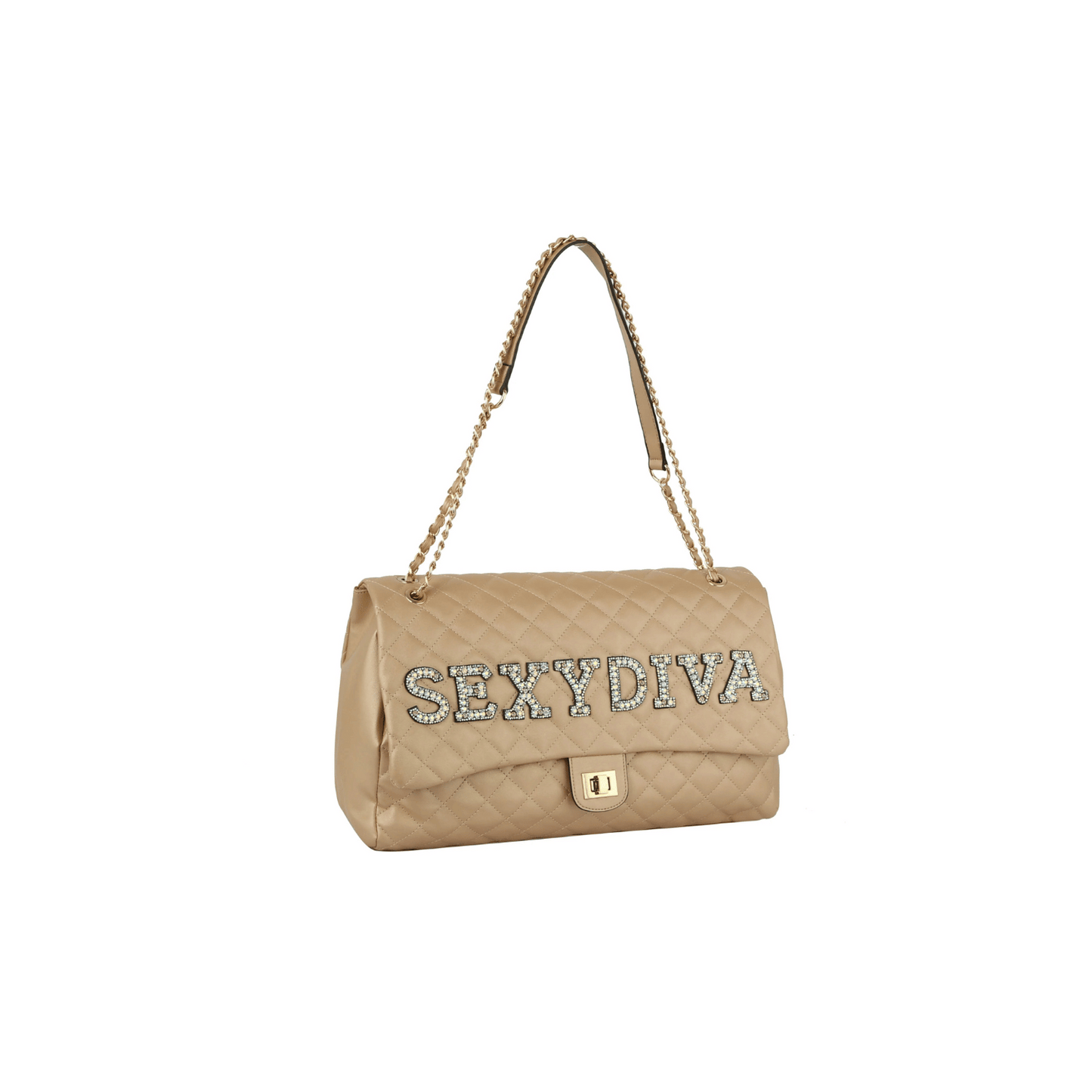 Close-up of oversized quilted satchel with studded "SEXYDIVA" letters.