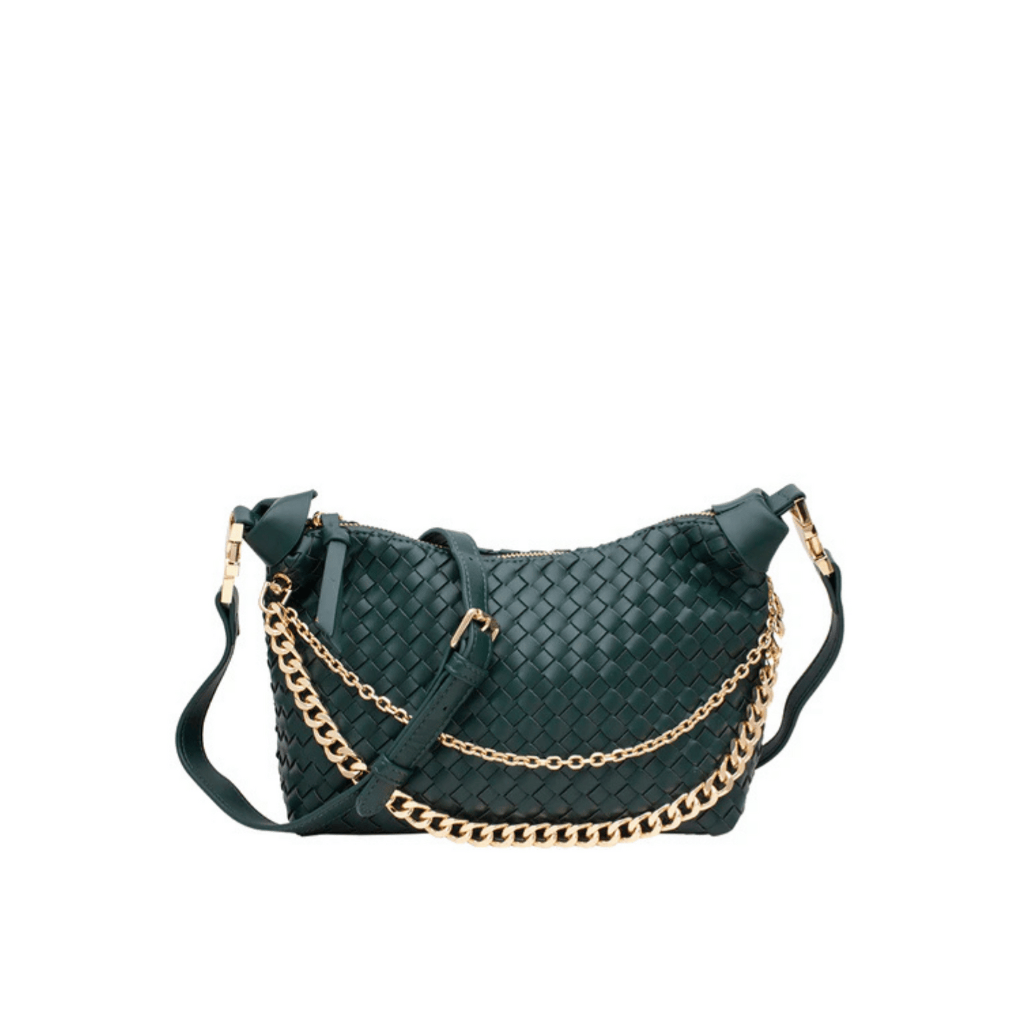 Front view of green woven crossbody bag with gold chains.