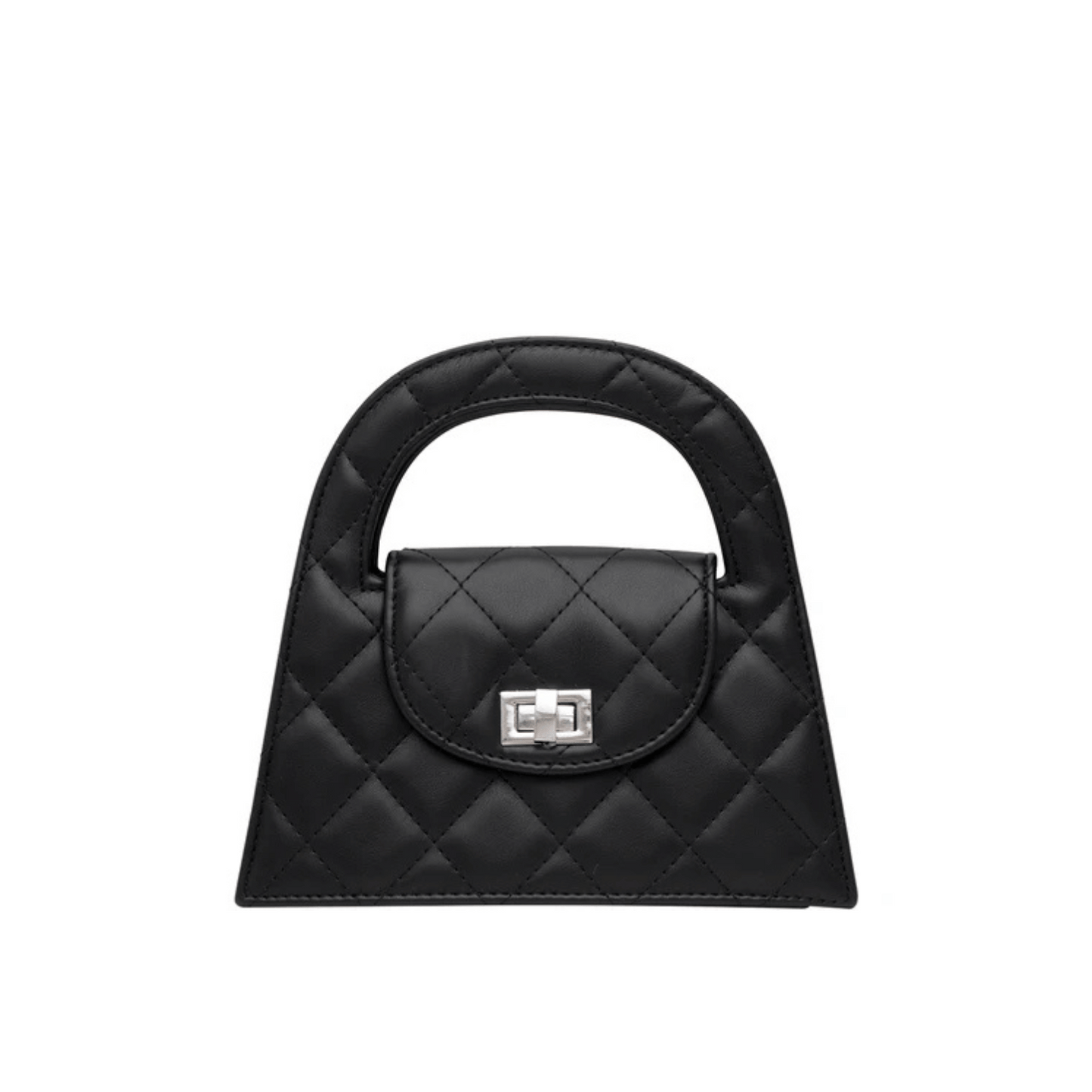 Front view of black quilted crossbody bag with twist lock closure.