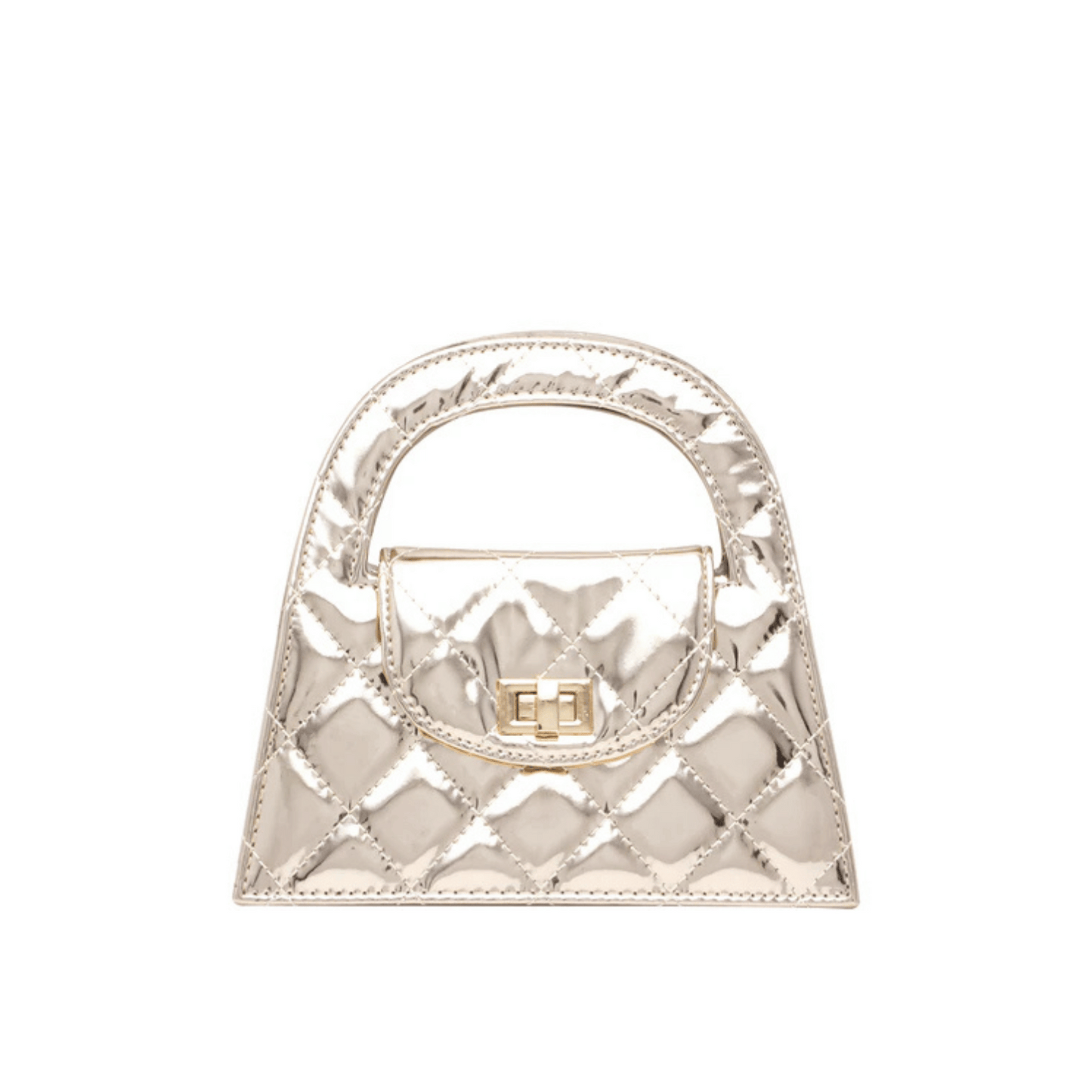 Side view of gold quilted crossbody bag with twist lock closure.