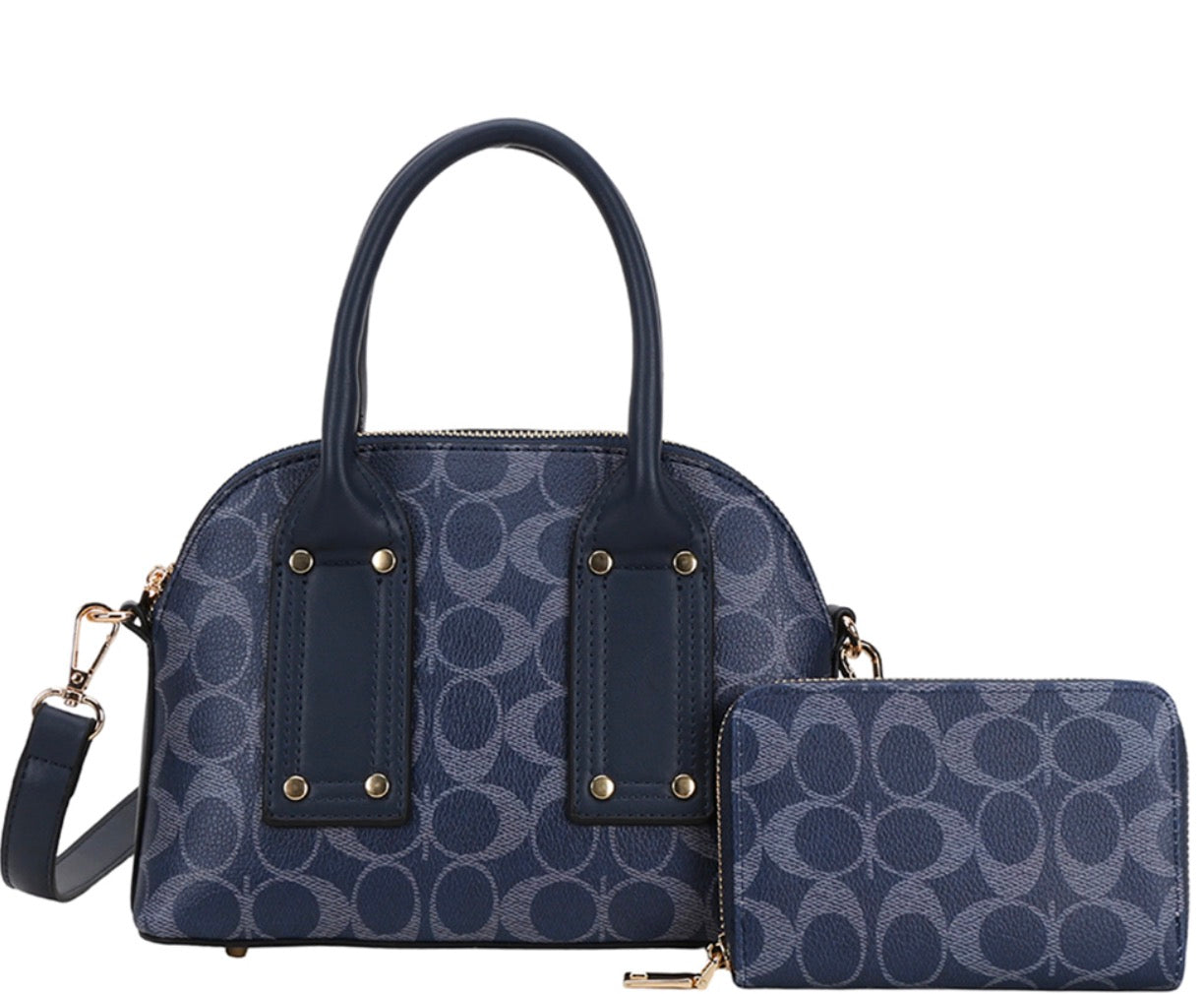 2IN1 OVAL PRINTED HANDLE SATCHEL W WALLET SET NAVY