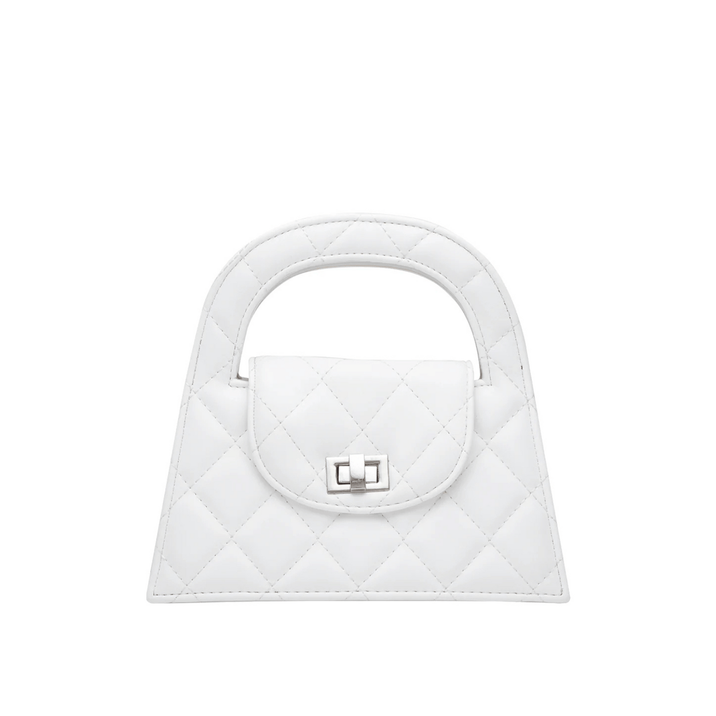 Close-up of white quilted crossbody bag with twist lock closure.