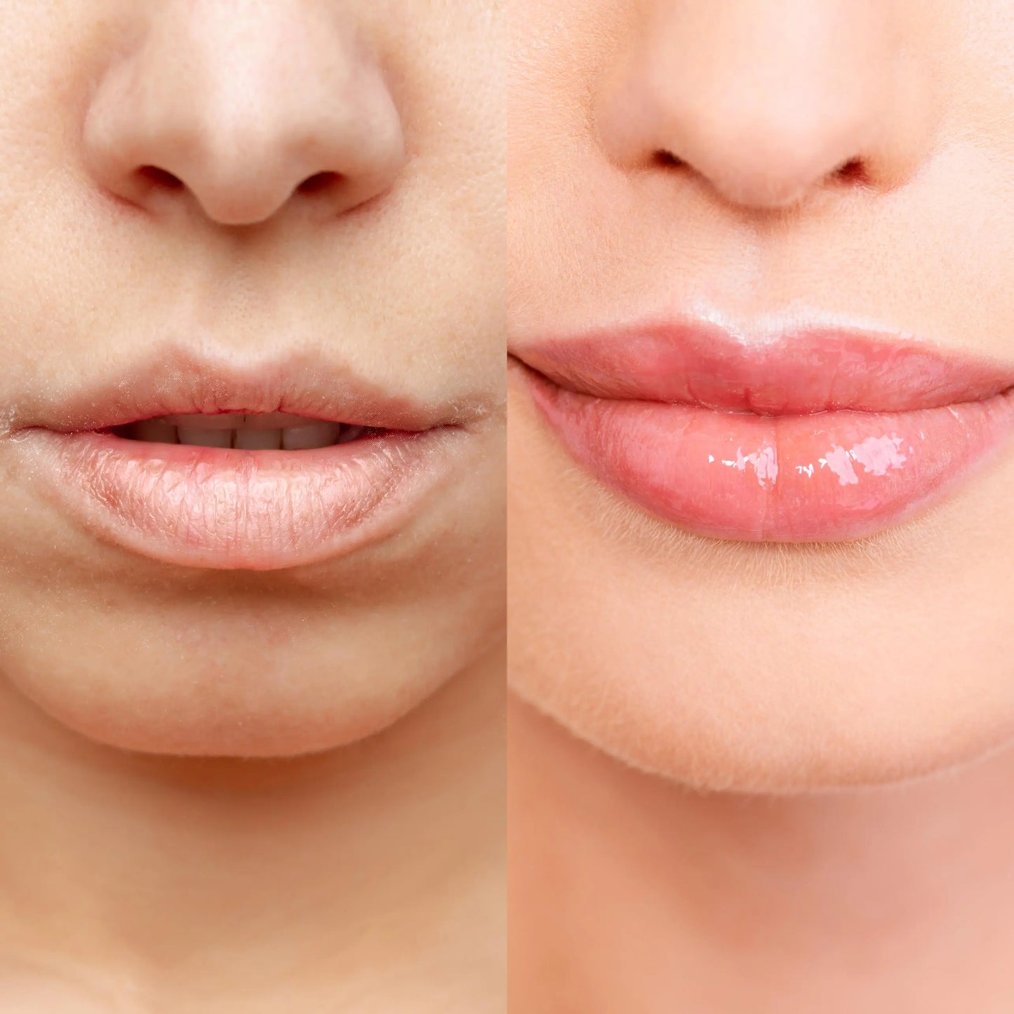 Bottle of pure coconut lip oil with applicator.
Close-up of hydrating lip oil texture.