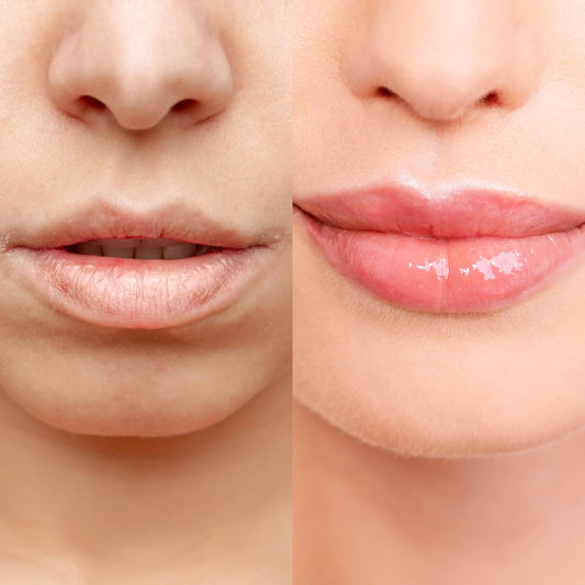 Bottle of lemon-infused lip oil with applicator.
Swatch of ultra-hydrating lip oil texture.