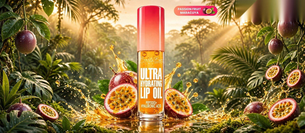 Ultra Hydrating Lip Oil Passion Fruit en escena tropical panorámica — BeautyRosee Boutique