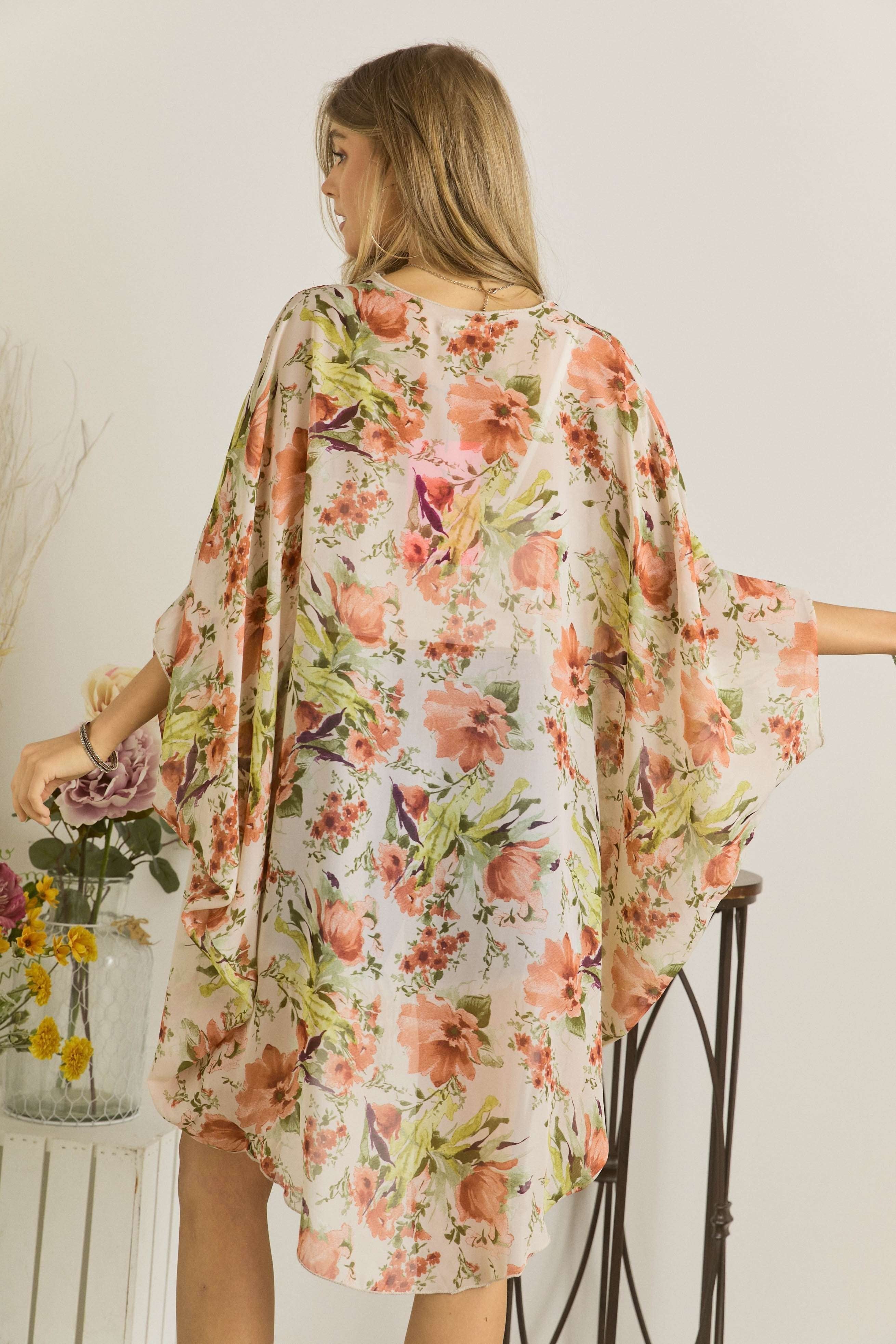 Floral Kimono Cardigan with light, breezy fabric, perfect for casual and boho-chic outfits.