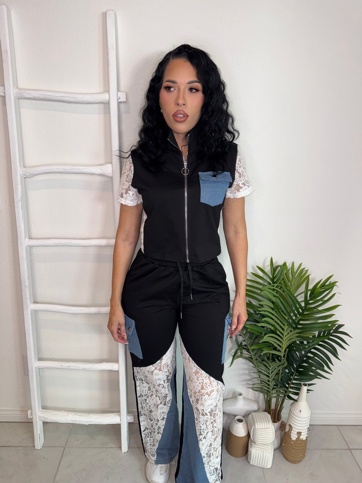 Set Black Denim Lace