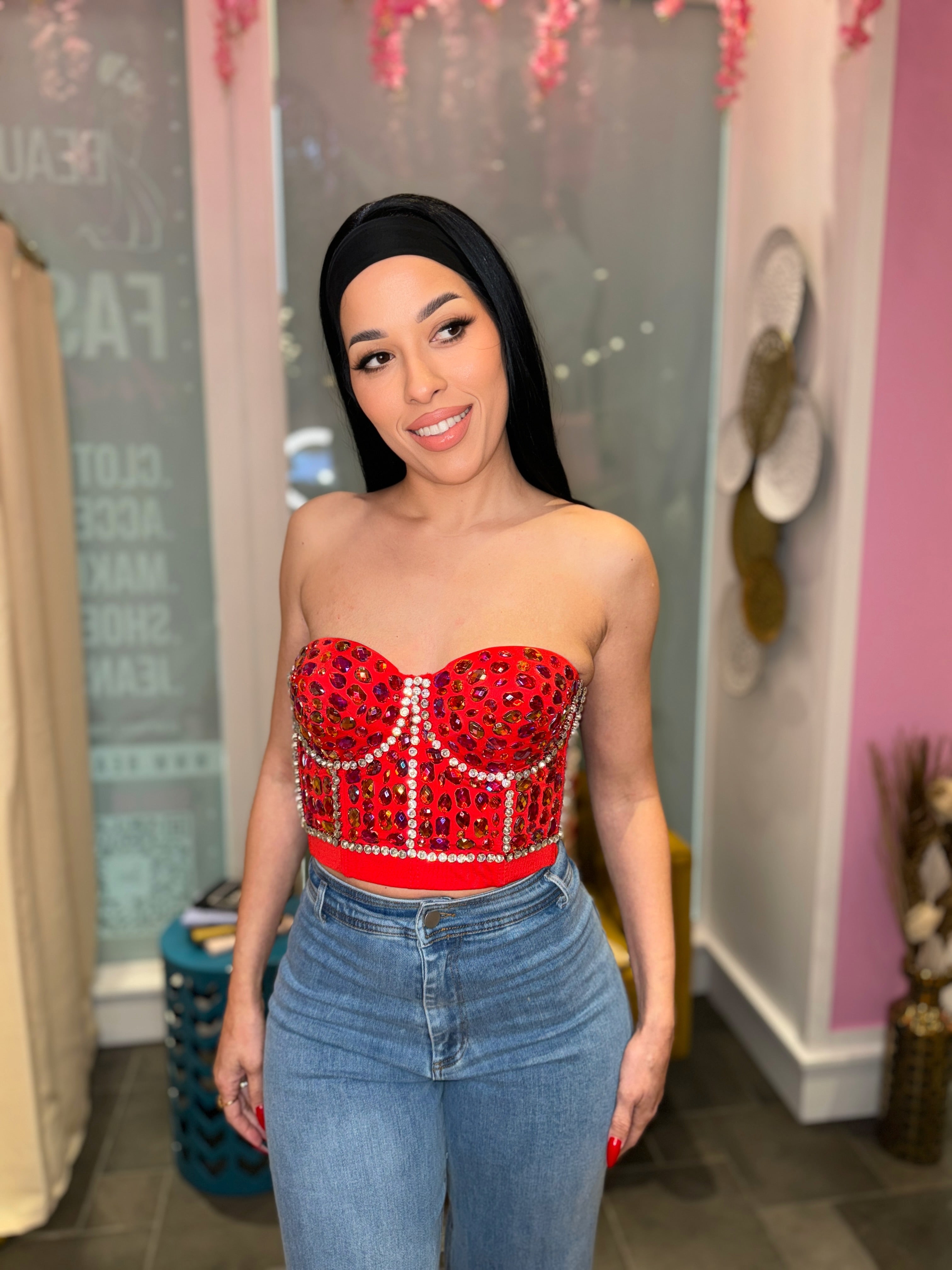 Red Rhinestone Pattern Stone Bustier | Bold Women's Top