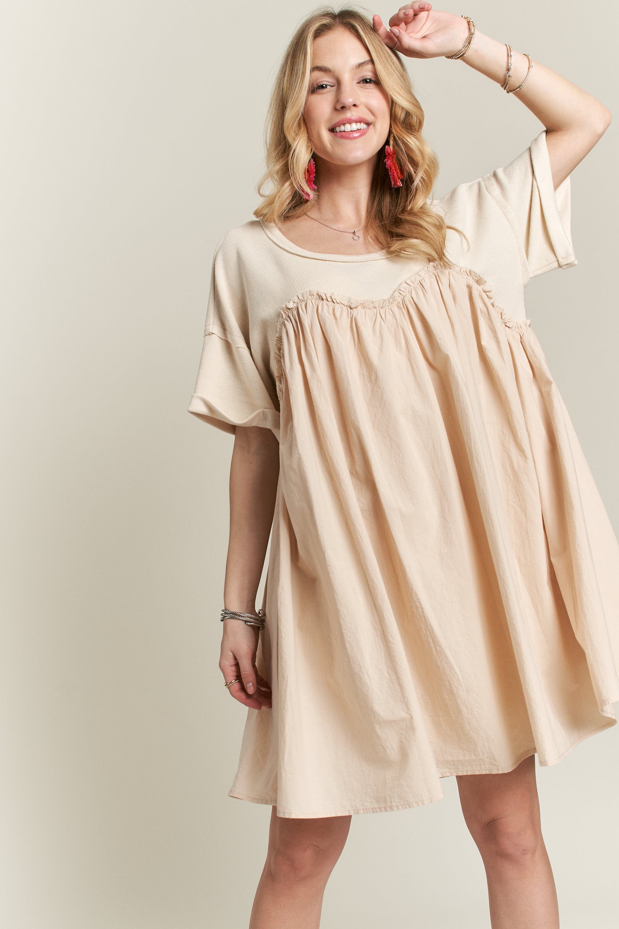 WASHED FABRIC MIX BABYDOLL DRESS SAND (C60)