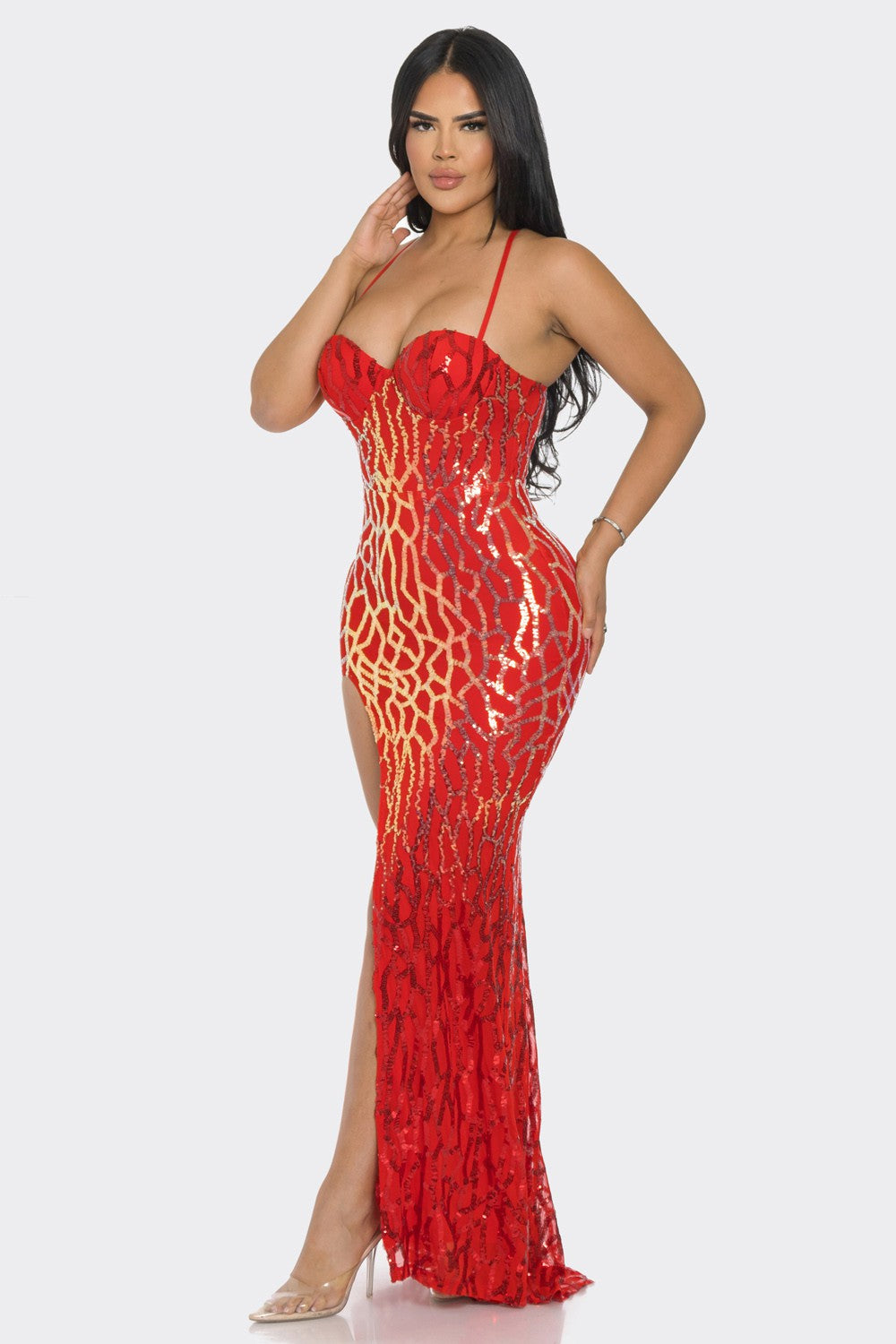 Front view of Sequin Side Cutout Maxi Dress in red, Model - Medium.