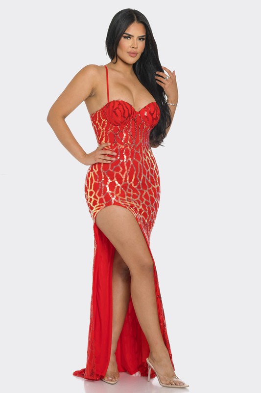 Front view of Sequin Side Cutout Maxi Dress in red, Model - Medium.