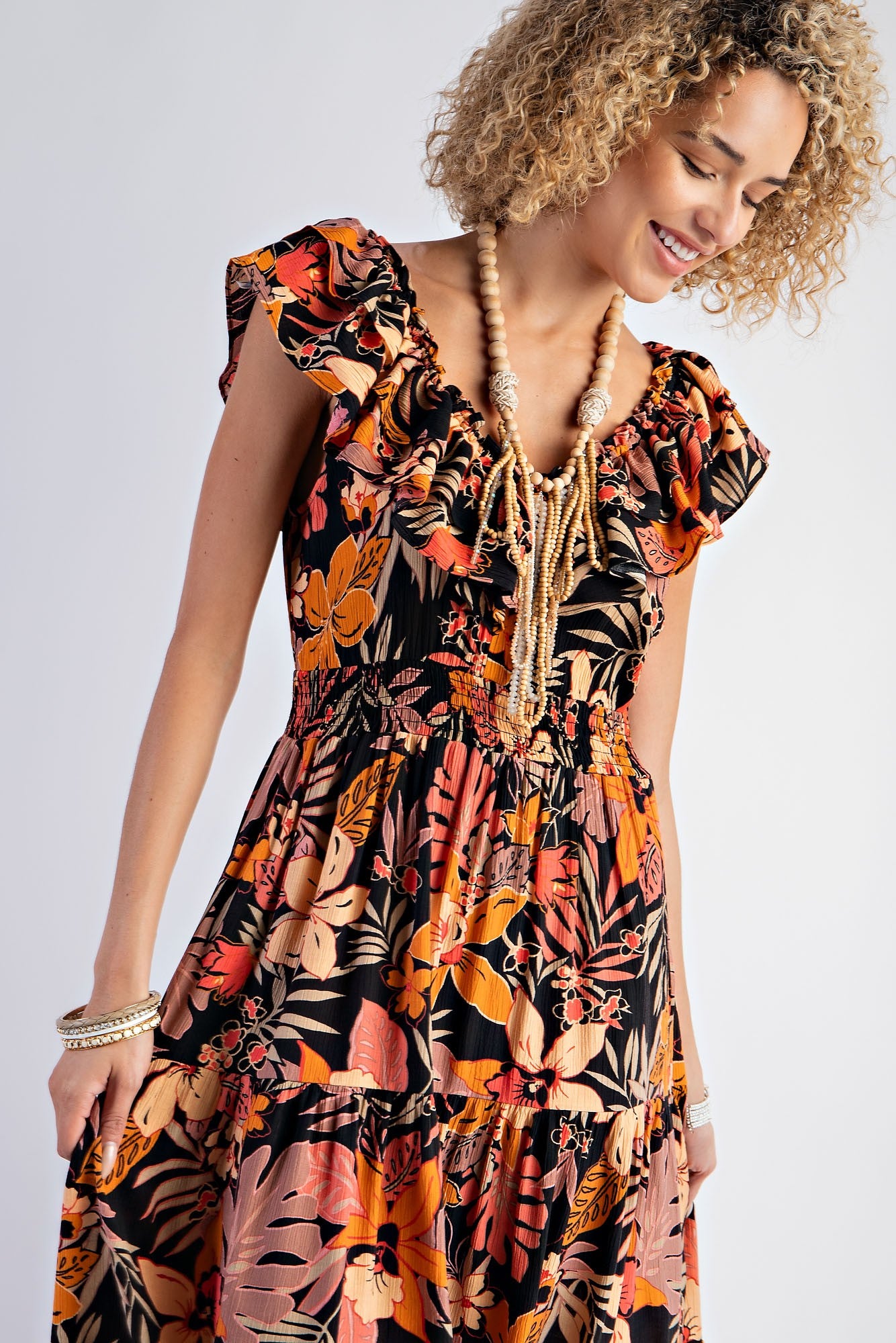 TROPICAL PRINT PEACH BLOSSOM TIERED MAXI DRESS (C53)