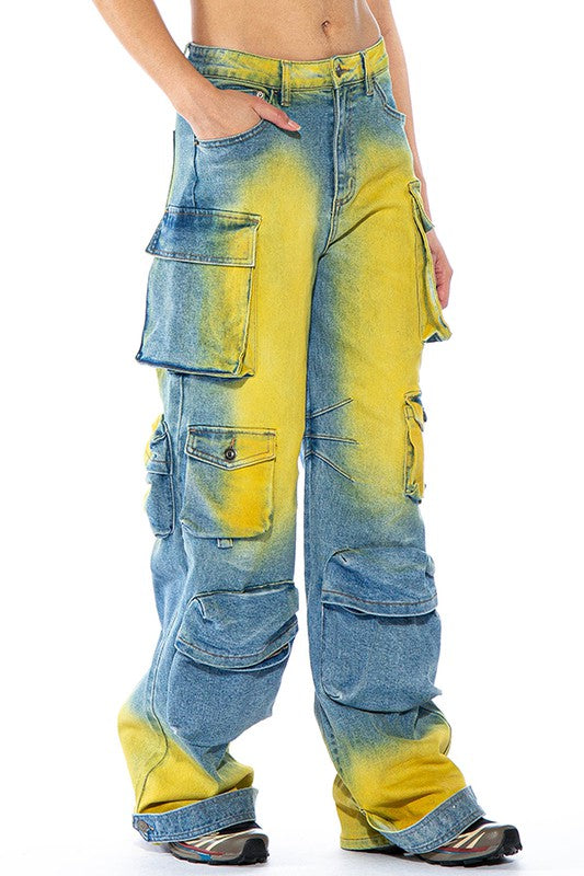 COLOR PAINTED DENIM STRETCHY CARGO JEANS PANTS-BeautyRosee Boutique