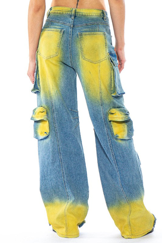 Color Painted Stretch Denim Cargo Jeans | Artistic Women's Pants