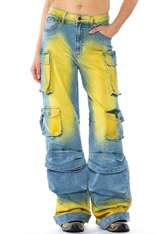 COLOR PAINTED DENIM STRETCHY CARGO JEANS PANTS-BeautyRosee Boutique