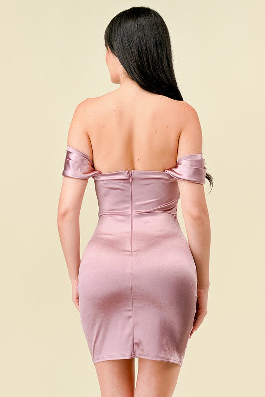 Back view of Lavender Satin Dress with elegant pleated detailing, Model - Small.