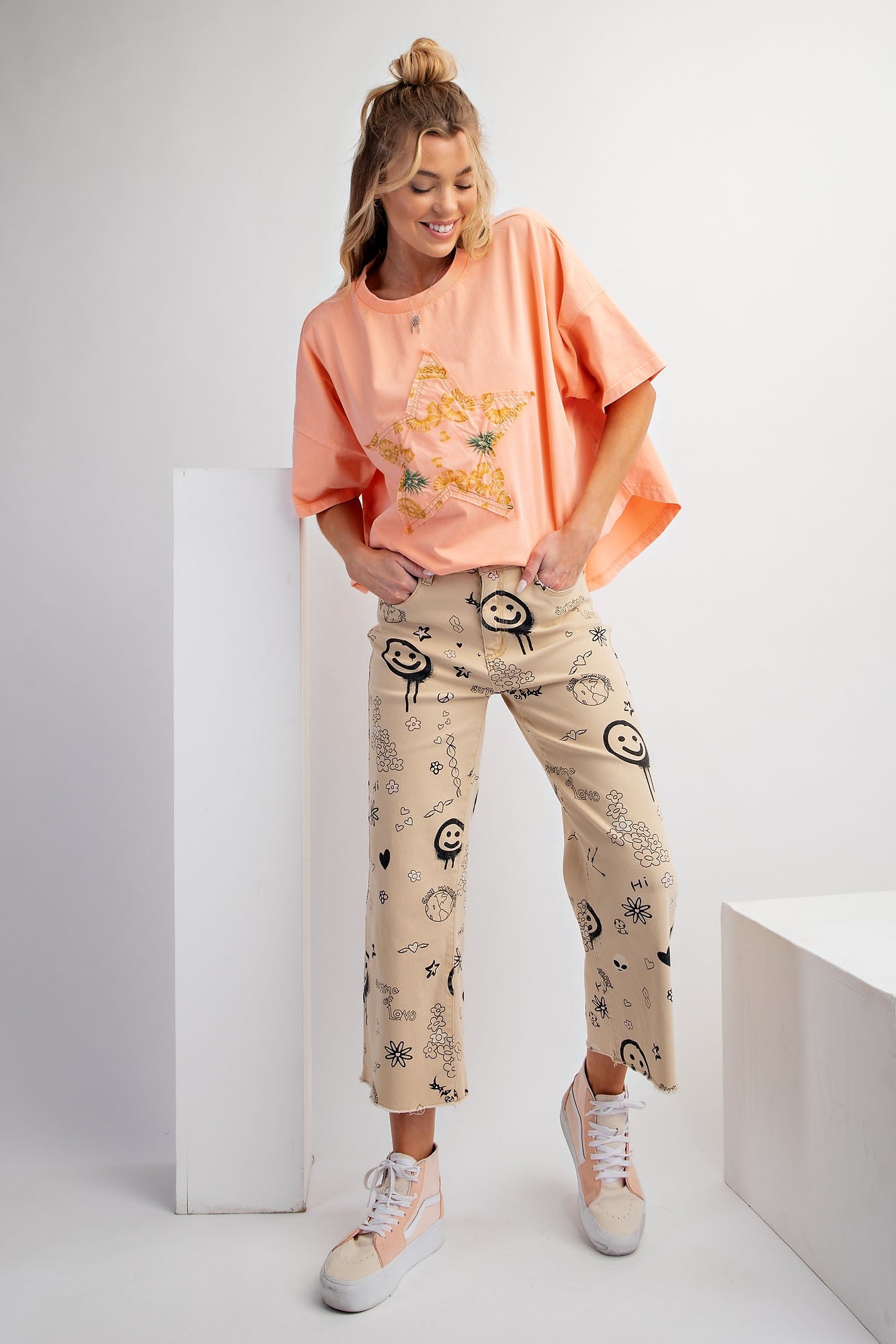 Funny Print Stretch Washed Denim-Twill Pants in Khaki | Unique Women's Bottoms