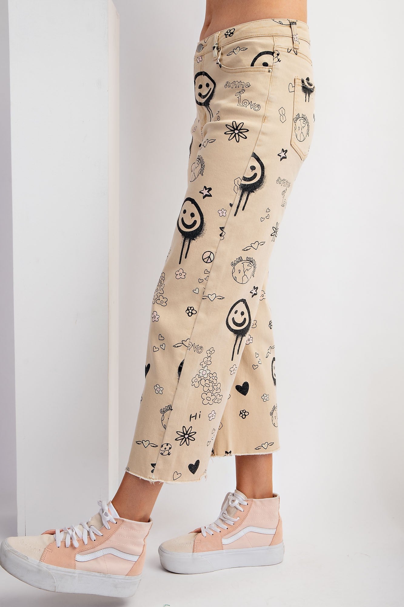 Funny Print Stretch Washed Denim-Twill Pants in Khaki | Unique Women's Bottoms