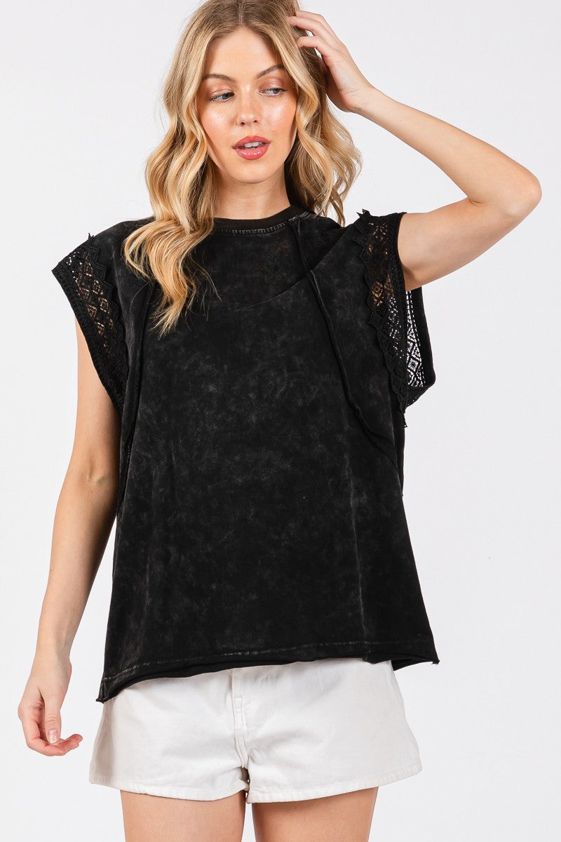 Black Mineral Washed Short Sleeve Top with casual, relaxed fit, perfect for everyday outfits.