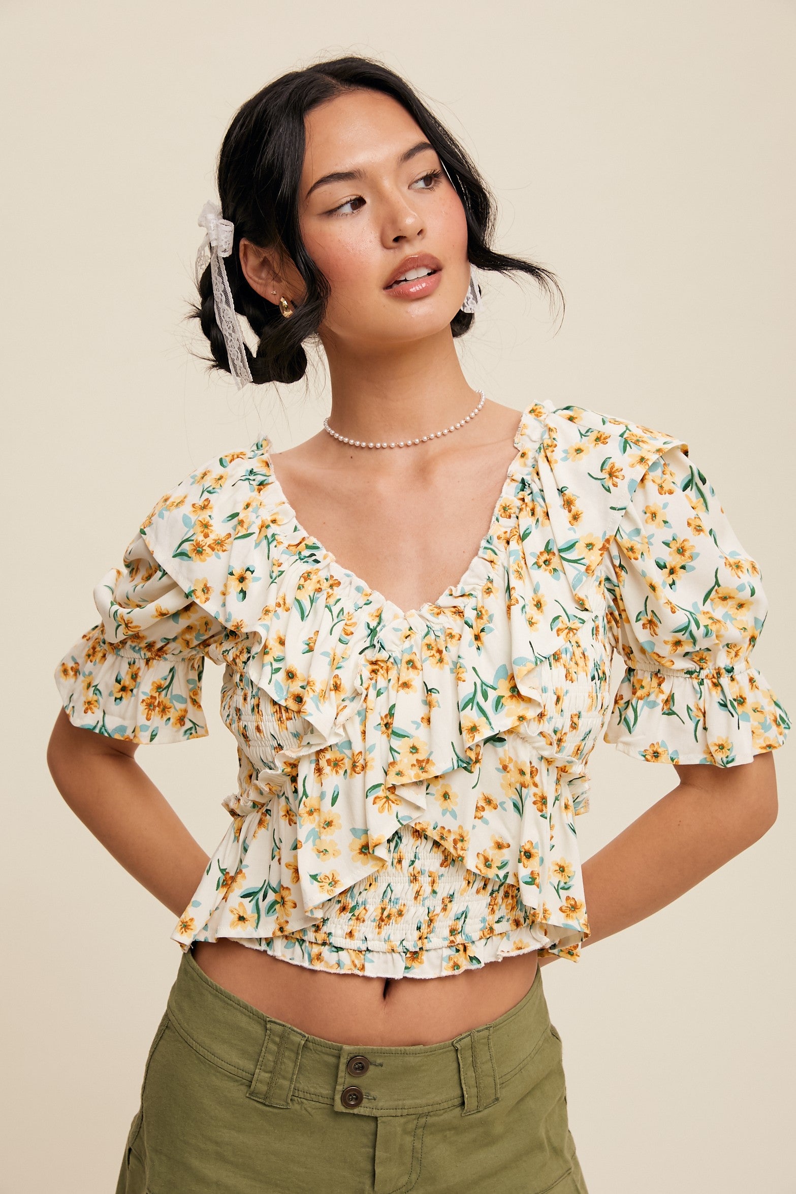  Flower Print Ruffled V-Neck Blouse | Feminine Women's Top