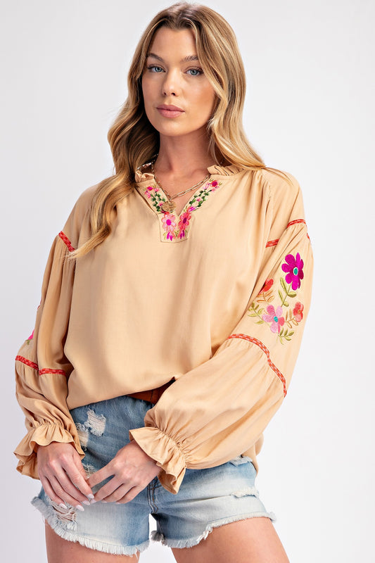 Embroidered Rayon Challis Blouse with boho-chic detailing and lightweight fabric for a relaxed, elegant look.