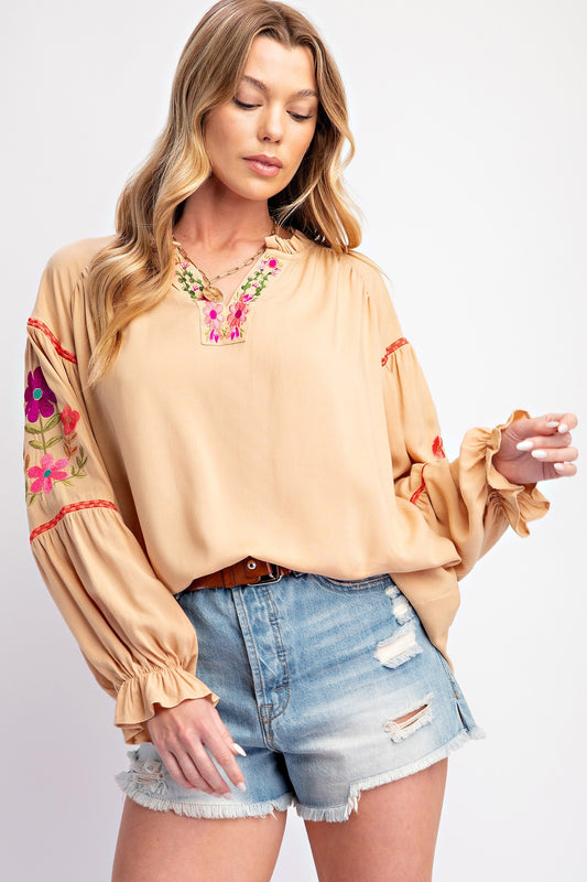 Embroidered Rayon Challis Blouse with boho-chic detailing and lightweight fabric for a relaxed, elegant look.