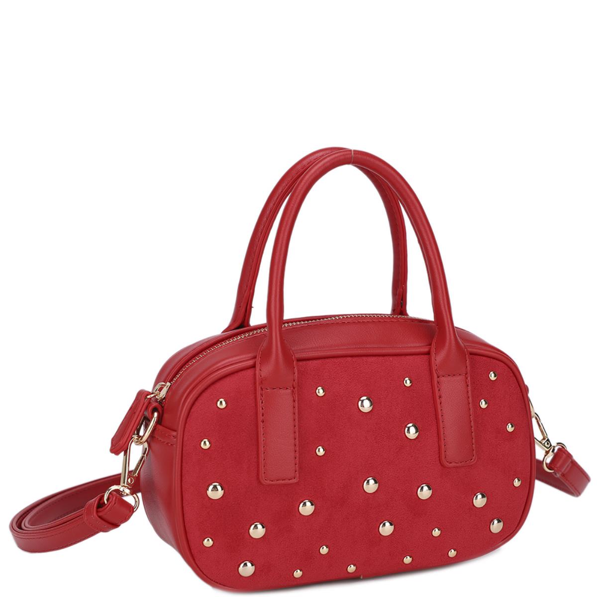 Bolso Satchel Rojo con Tachas y Asa Doble