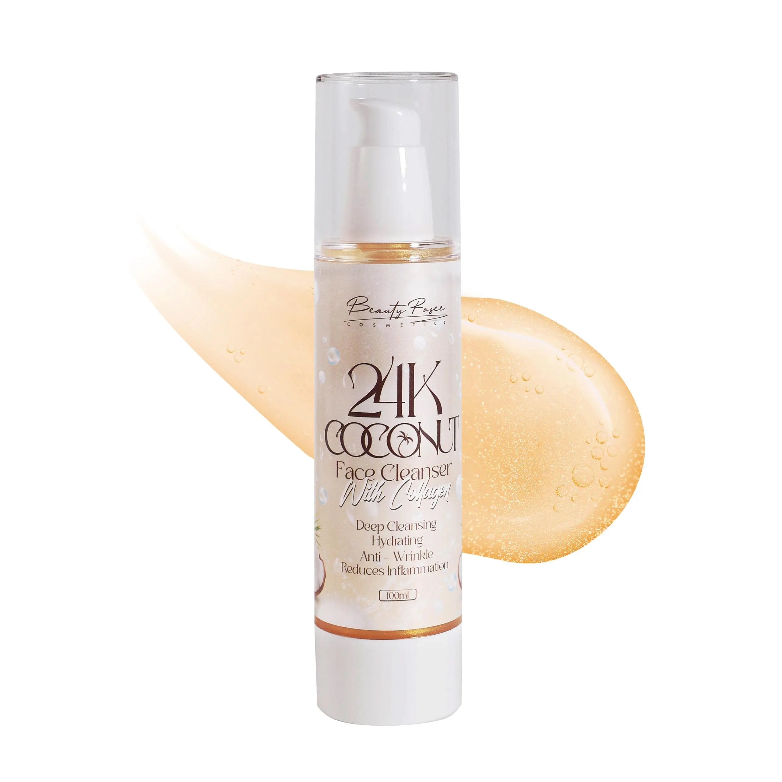 Hand holding 24K Coconut Face Cleanser, infused with gold and collagen for deep cleansing and hydration.