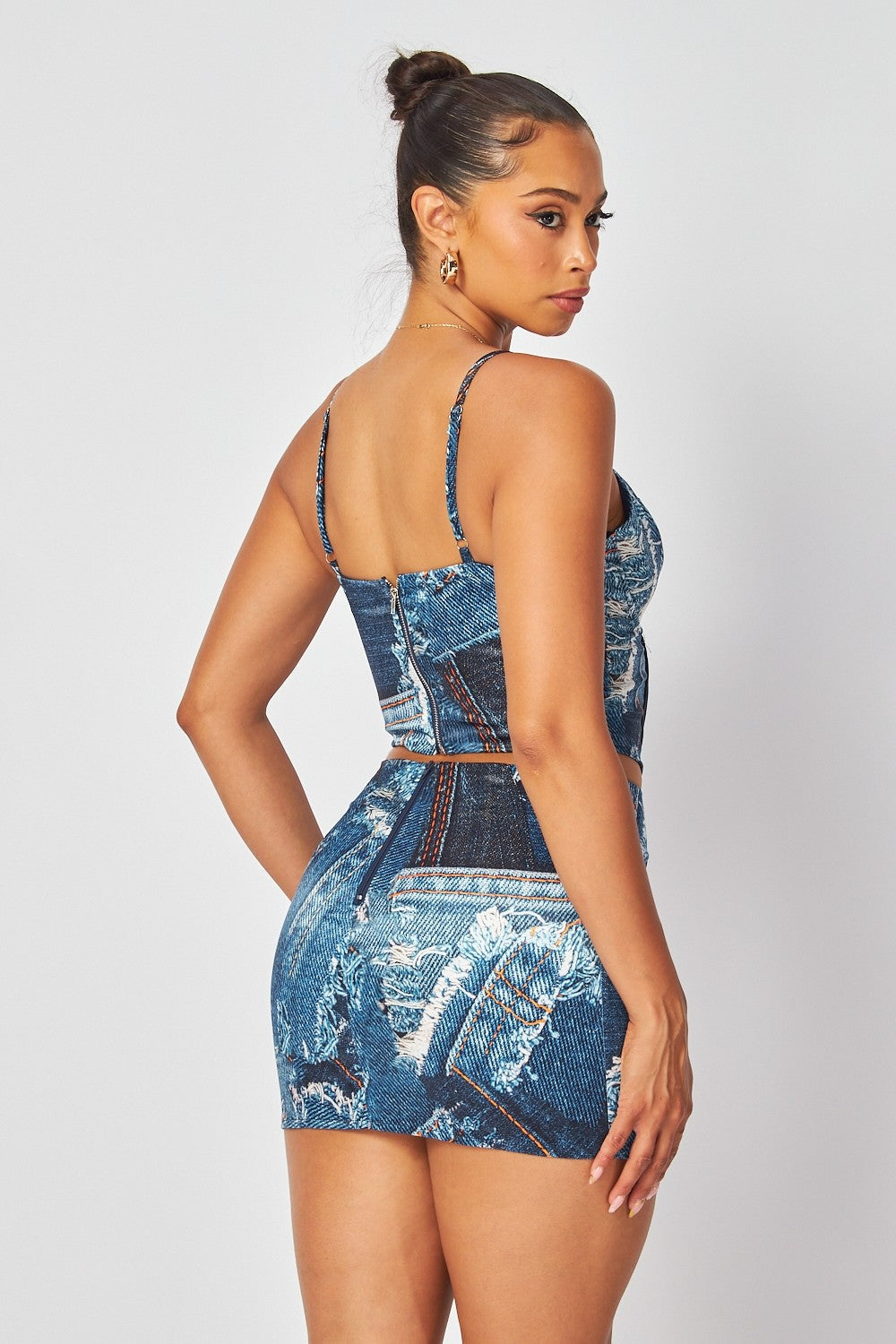 Denim Print Strappy Corset & Skirt Set | Bold Women's Two-Piece Outfit