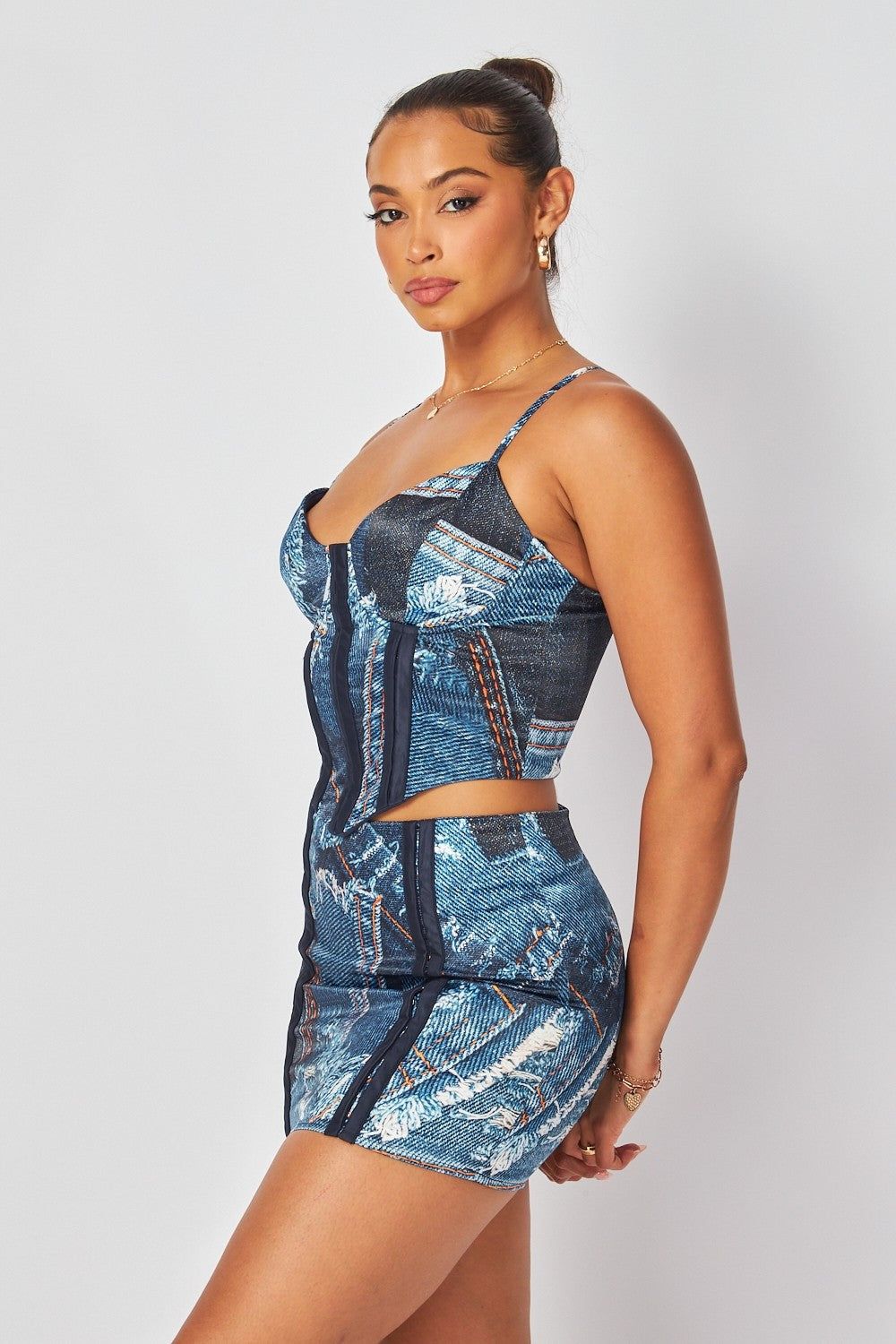 Denim Print Strappy Corset & Skirt Set | Bold Women's Two-Piece Outfit