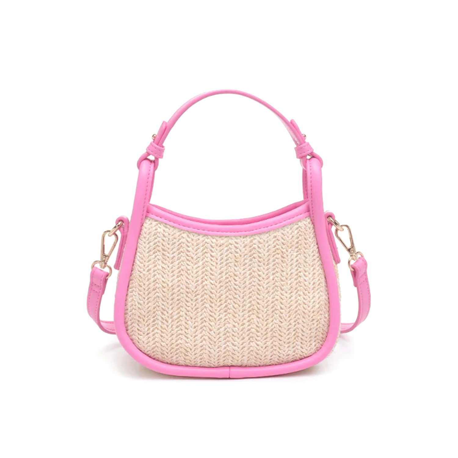 Side view of modern straw crossbody bag with woven design.