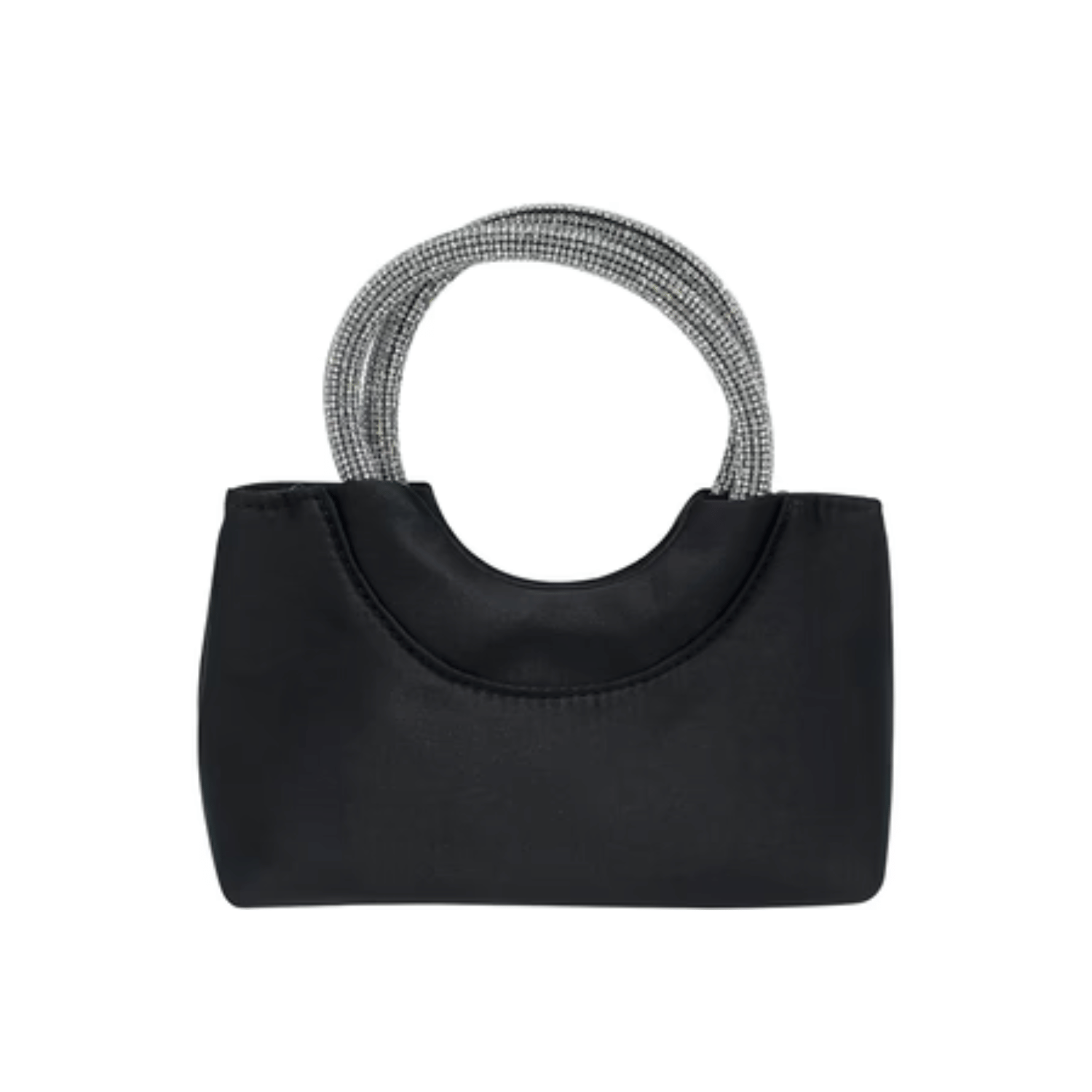 Front view of black evening handbag with rhinestone handle.