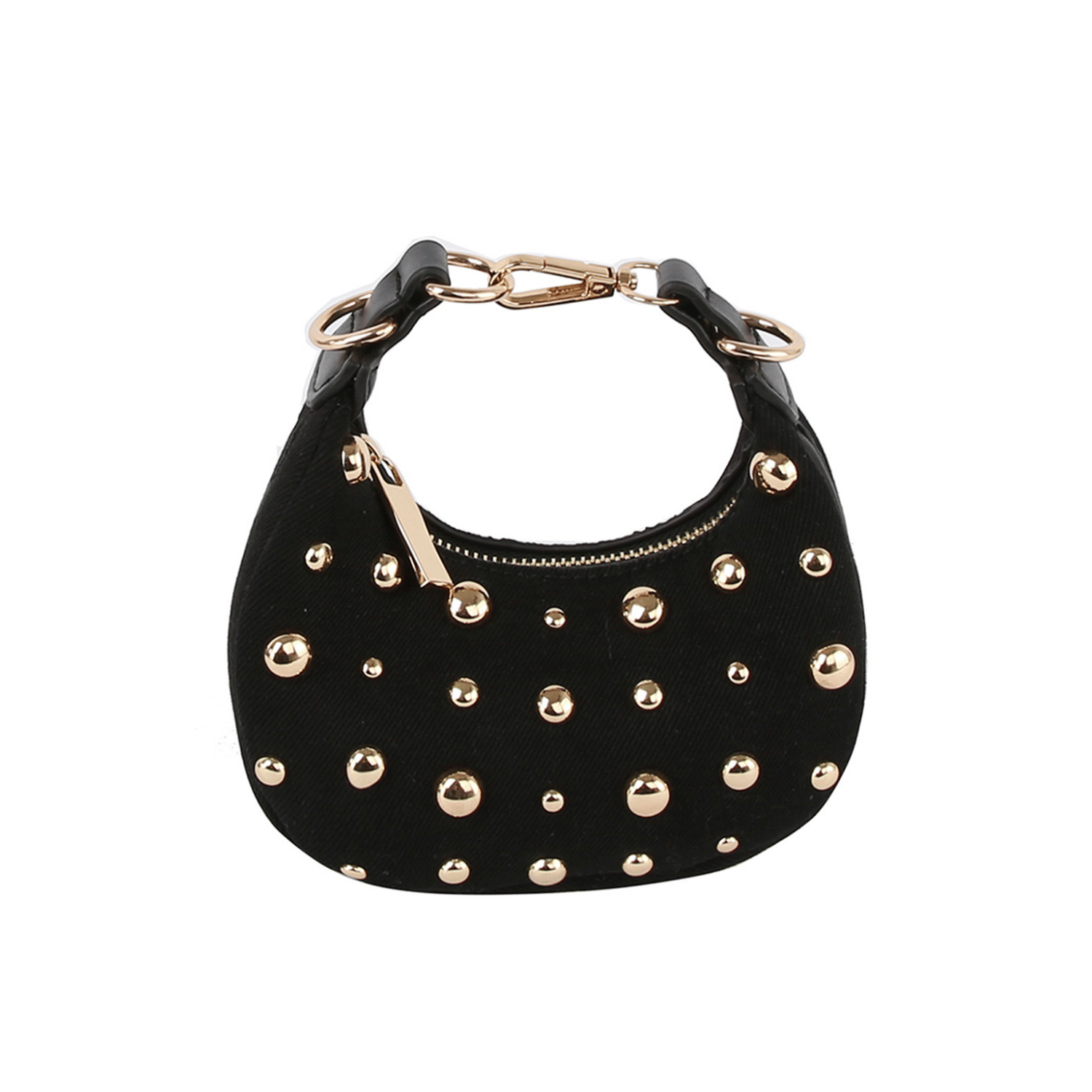 Close-up of black handbag with gold stud accents.
Side view of studded black purse with chain-link handle.