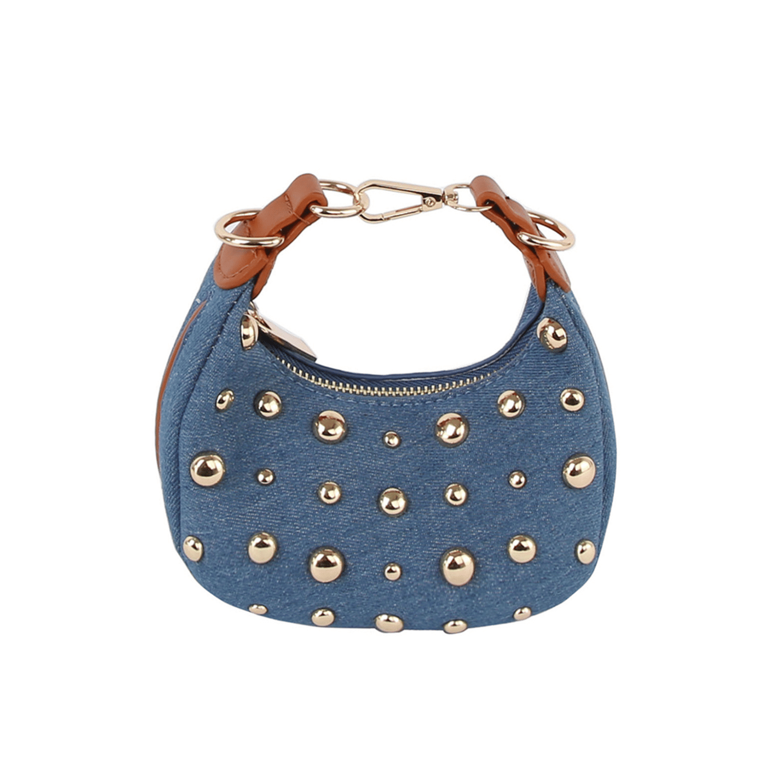 Front view of denim handbag with gold studs.
Close-up of studded denim purse with chain-link handle.