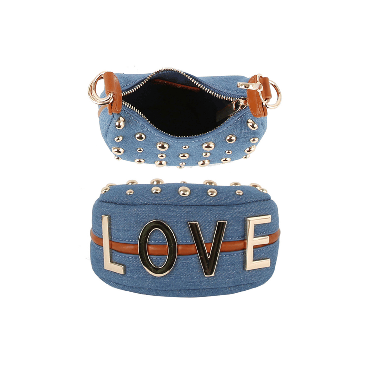 Front view of denim handbag with gold studs.
Close-up of studded denim purse with chain-link handle.