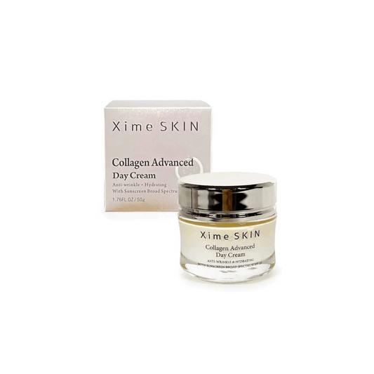 Close-up of Xime Beauty Collagen Advanced Day Cream jar.
Side view of collagen face cream with SPF 20.