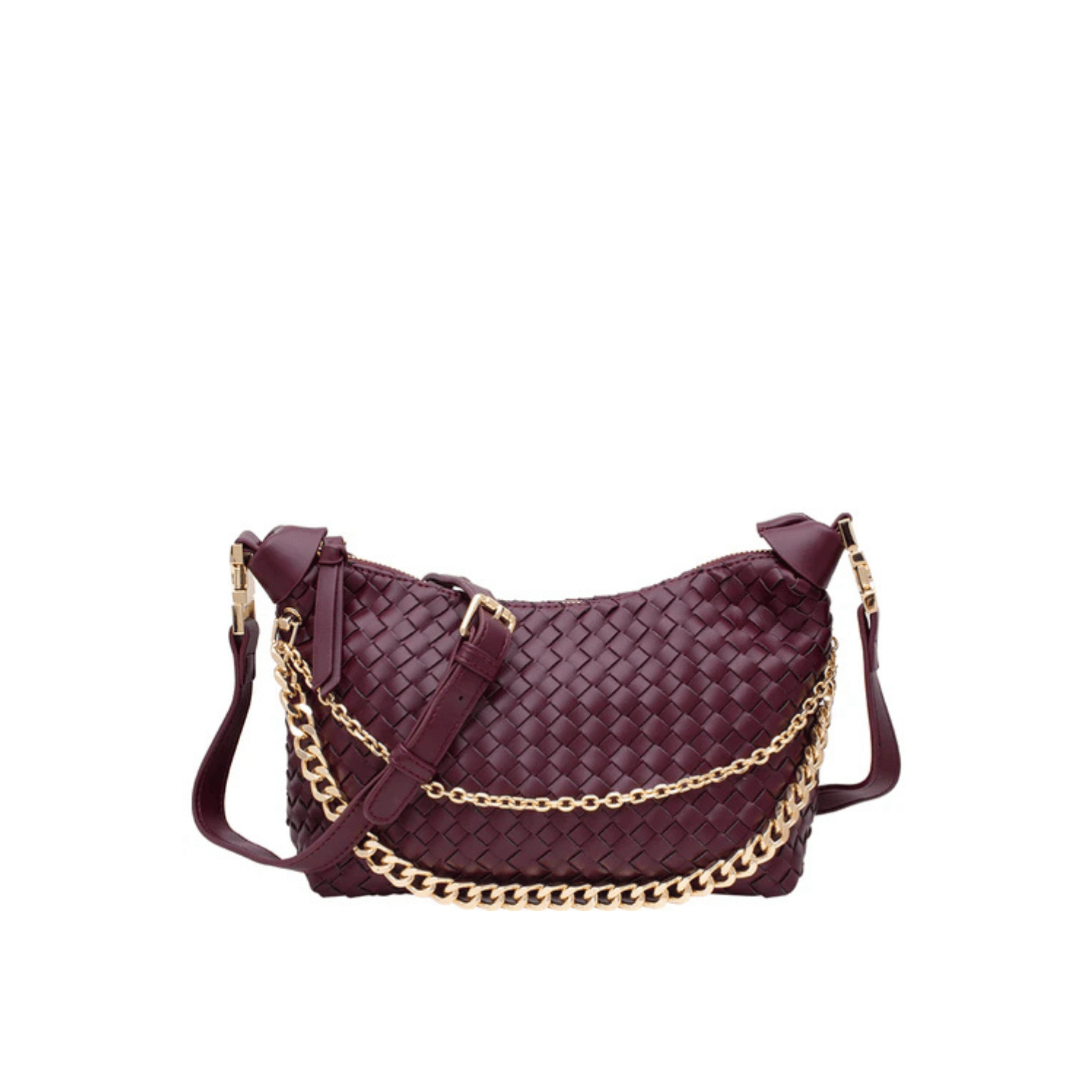 Front view of burgundy woven crossbody bag with gold accent.

