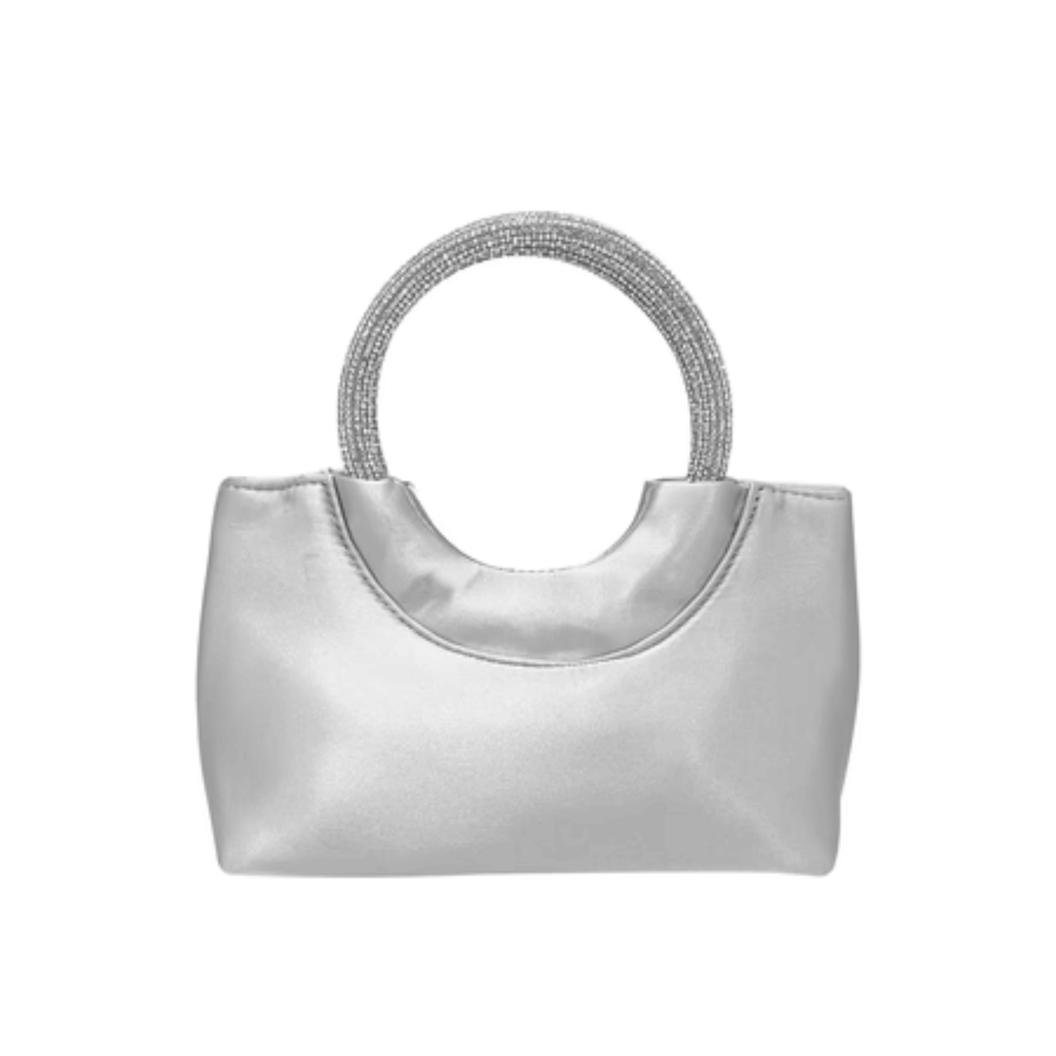 Front view of silver handbag with rhinestone detailing.

