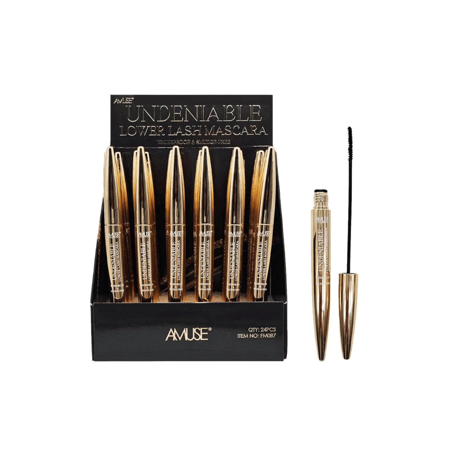 Display box of Undeniable Mascara with 24 units.
Close-up of golden mascara tube and precision brush.