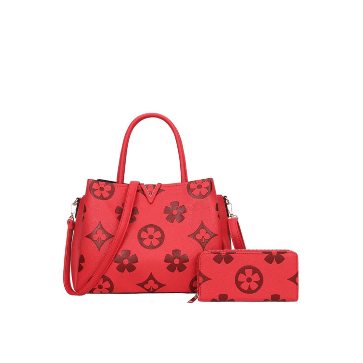 2-in-1 Red Floral Print Satchel Bag with Wallet Set